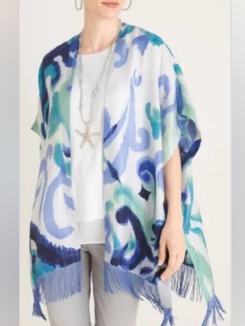 Chico's NEW 100% Silk Whimsical Scroll Silk Ruana Covering One Size Blue/Green